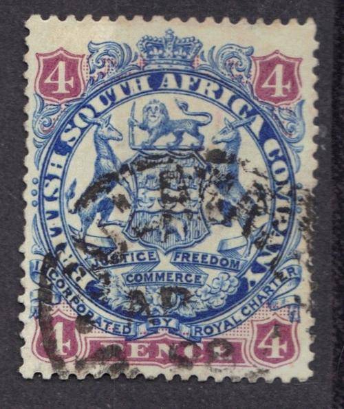 1896 British South Africa Company BSAC Rhodesia Large Arms 4d Blue & Mauve NO DOT