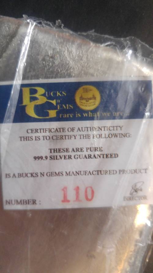 1kg Silver bar (.999 % fine) Bucks & Gems