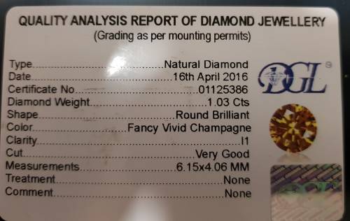 BEAUTIFUL 1.03CT  FANCY VIVID CHAMPAGNE DIAMOND - WITH CERTIFICATE