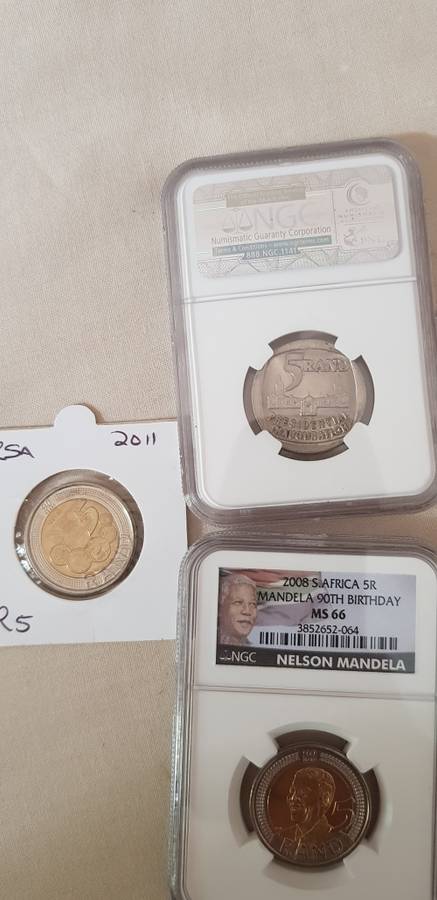 2 graded Mandela coins plus 2011 SARB 90th Anniversay R5 coin - Bid per coin to take all 3