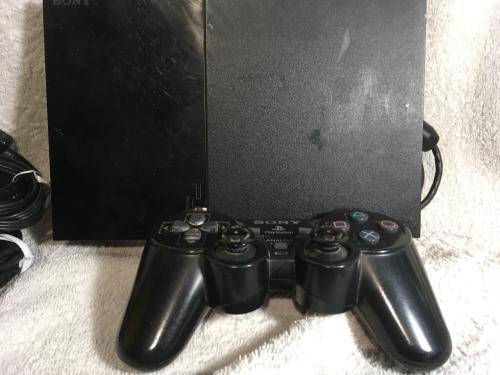 Playstation 2 - Black Slim Line Console c/w 1 x Original Controller, AV Cable Power Cord