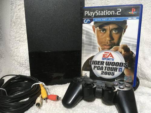 Playstation 2 - Black Slim Line Console c/w 1 x Original Controller, AV + Power Cable 1 x Game
