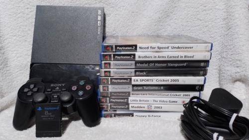 Playstation 2 - Black Slim Line Console c/w Original Controller, AV Cable PSU, Mem Card & 10 Games