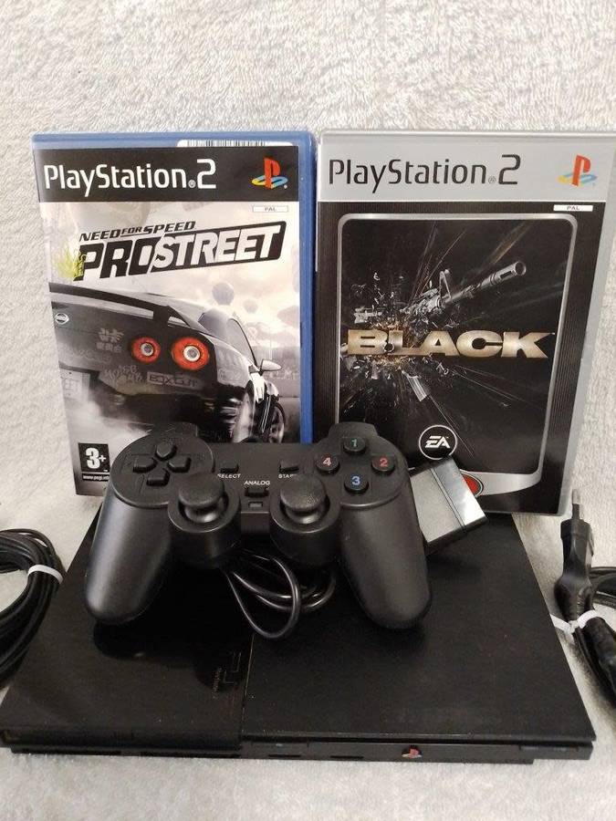Playstation 2 - Black Slim c/w 1 x New Generic Controller, AV Cable & Power Cord + 2 Games