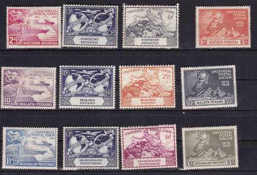 1949 - 75th ANNIV OF UNIVERSAL POSTAL UNION -NORTHERN RHODESIA + MALAYA PENANG AND BECHUANALAND .