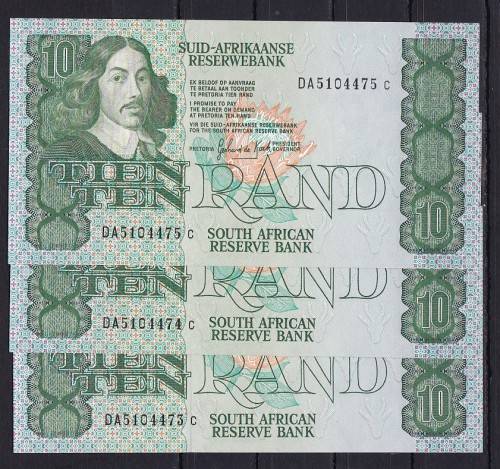 3 X 1985 - GPC DE KOCK - TEN RANDS - IN SEQUENCE - IN UNC CONDITION AS PER SCAN