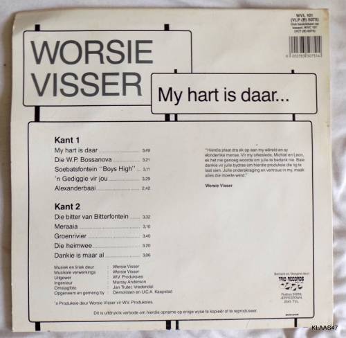 LP - TRIO WVL101 - VINYL ALBUM - MY HART IS DAAR... WORSIE VISSER - 1988 - SIGNED COVER