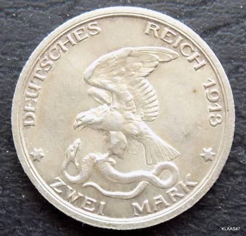DEUTSCHES REICH 2 MARK 1913 (Germany) IMPERIAL EMPIRE Rare German 90% Silver