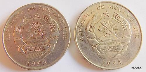 Mozambique - 500 meticais - 1994 and  5000 meticais electric line bu - 1998