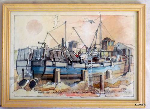 Boats at Laaiplek - West Coast - 2003 - Victor - Ink drawing and watercolour Framed size 32x23.4cm