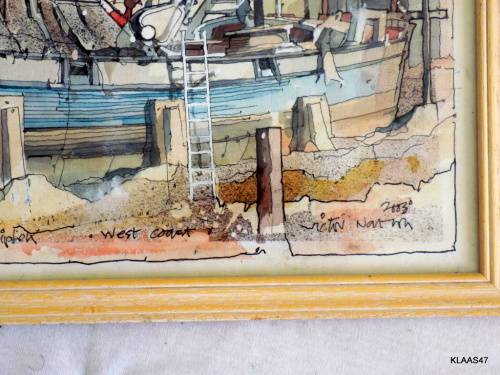 Boats at Laaiplek - West Coast - 2003 - Victor - Ink drawing and watercolour Framed size 32x23.4cm