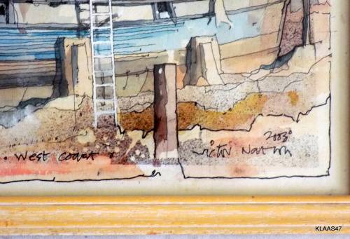 Boats at Laaiplek - West Coast - 2003 - Victor - Ink drawing and watercolour Framed size 32x23.4cm