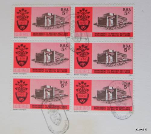 RSA - 1974 - INAUGURATION OF BRITISH SETTLERS MONUMENT - Block of 6 on Card (Cancelled)