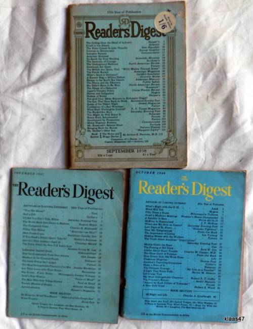 Reader`s Digest - 3 Old Editions - Sept 1938 - Nov 1947 - Oct 1948