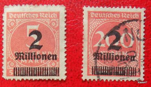 Deutsche Reich - Overprints - 2 Million on 5 Thousand Mark (Unused) and 2 Million on 200 Mark (Used)