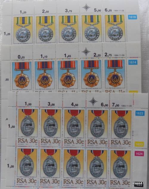 RSA - 1984 - Medals - 11c  25c and 30c - Full Sheet of 25 of each value (Total 75 stamps)