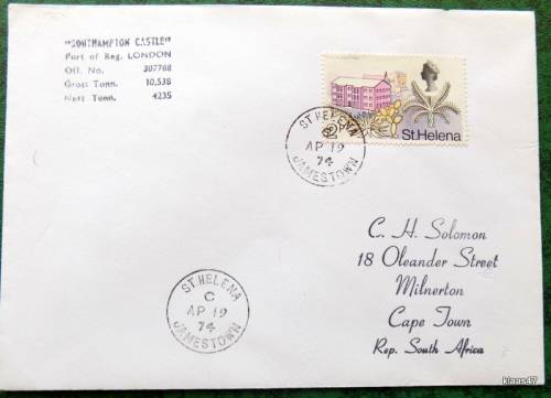 Union-Castle Line envelope - Pendennis Castle - Post mark St. Helena Jamestown - JA 5 74