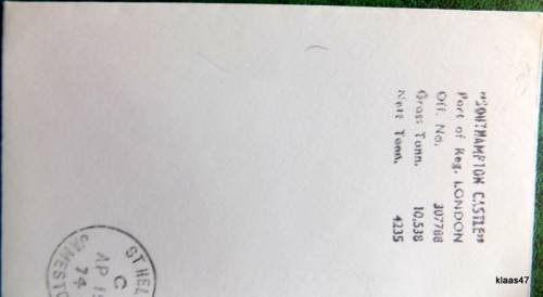 Union-Castle Line envelope - Pendennis Castle - Post mark St. Helena Jamestown - JA 5 74