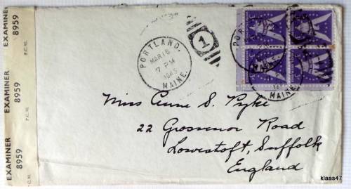 Censored Mail - 1945 - From Maine, USA to Suffolk, England - Examiner 8959 - Block of 4 Win the War