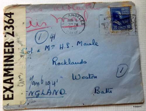 Censored Mail - 1941 - From California, USA to Bath, England - Examiner 2364