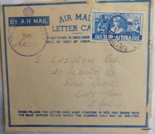 Airmail Letter Card - Active Service - Posted Egypt to Cape Town 1942 - Censored Mail
