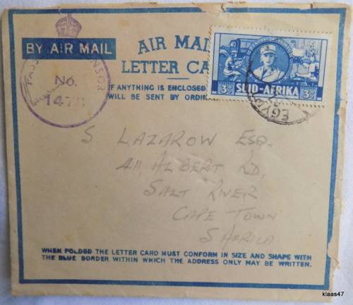 Airmail Letter Card - Active Service - Posted Egypt to Cape Town 1942 - Censored Mail