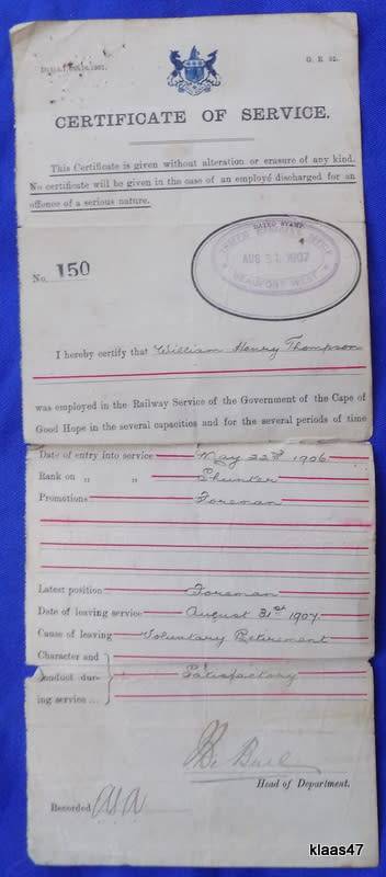 Govt of the Cape of Good Hope - Certificate of Service - Dated 1907 Beaufort West