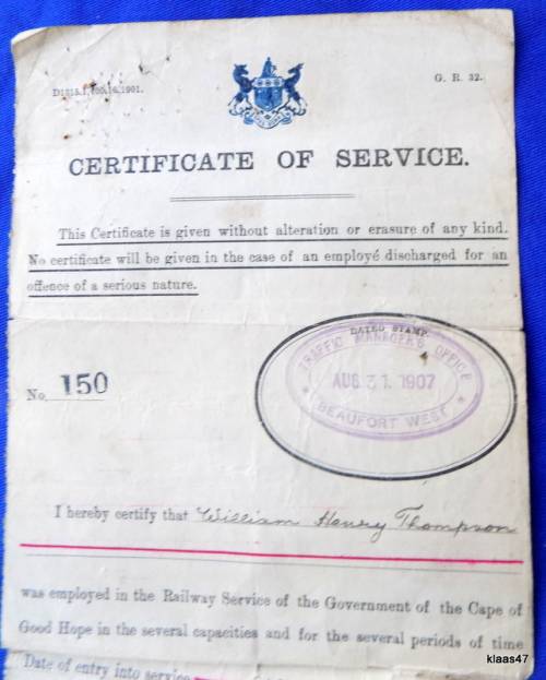Govt of the Cape of Good Hope - Certificate of Service - Dated 1907 Beaufort West