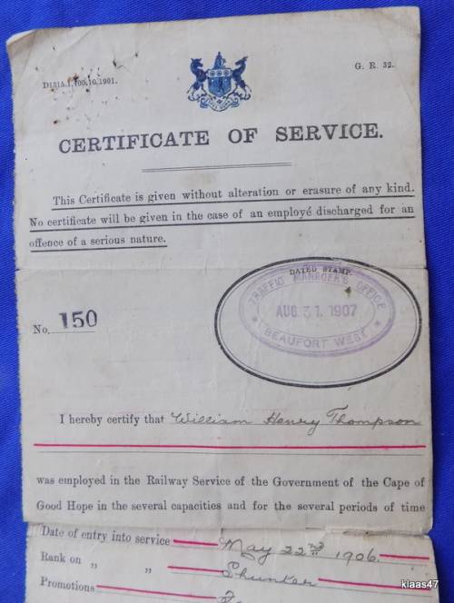 Govt of the Cape of Good Hope - Certificate of Service - Dated 1907 Beaufort West