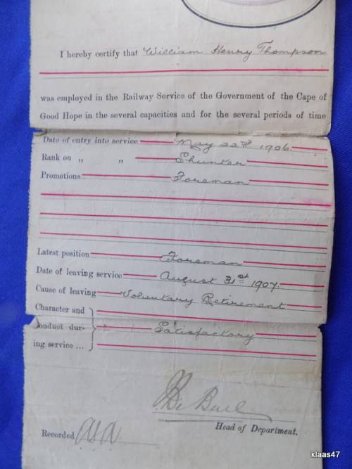 Govt of the Cape of Good Hope - Certificate of Service - Dated 1907 Beaufort West