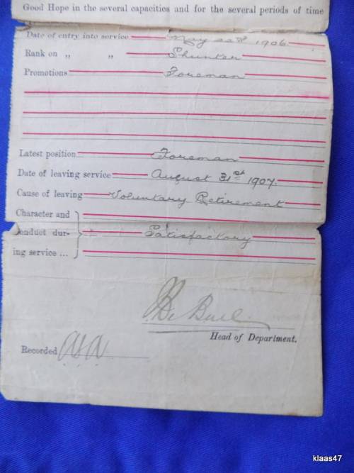 Govt of the Cape of Good Hope - Certificate of Service - Dated 1907 Beaufort West