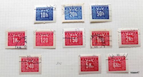 Czechoslovakia - 1946-1948 - Postage Due - 11 Used hinged stamps, on paper.