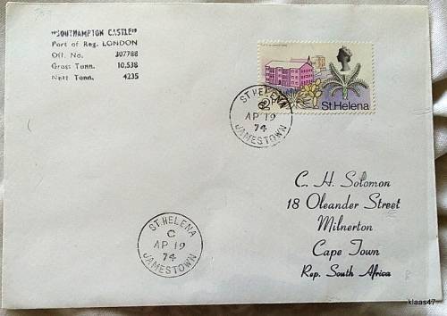 Union Castle Line Envelope - Stamped `Southampton Castle` - Date stamp St Helena AP 19 74 Jamestown