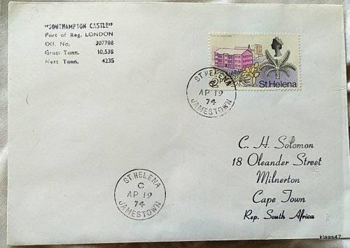 Union Castle Line Envelope - Stamped `Southampton Castle` - Date stamp St Helena AP 19 74 Jamestown