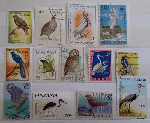 World Mix - Mixed Lot of 13 Used (some hinged) stamps - Theme:  Birds