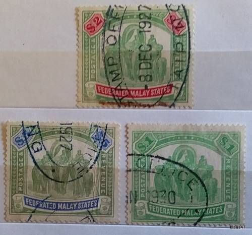 Fed Malay States - 1904-22 - $1 $2  $5 - Elephant - Fiscal - 3 Used Hinged stamps