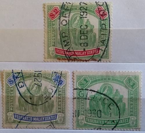 Fed Malay States - 1904-22 - $1 $2  $5 - Elephant - Fiscal - 3 Used Hinged stamps
