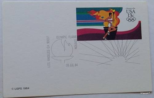U.S.A. - USPS Printed Date stamp card 13 cent - 28 Jul 84 - Los Angeles  Olympic Flame Station