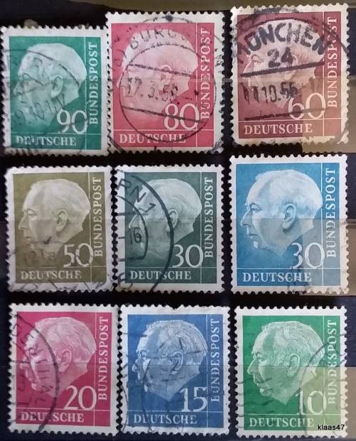 Germany - 1954/9 - President Heuss Definitive - 9 Used Hinged stamps