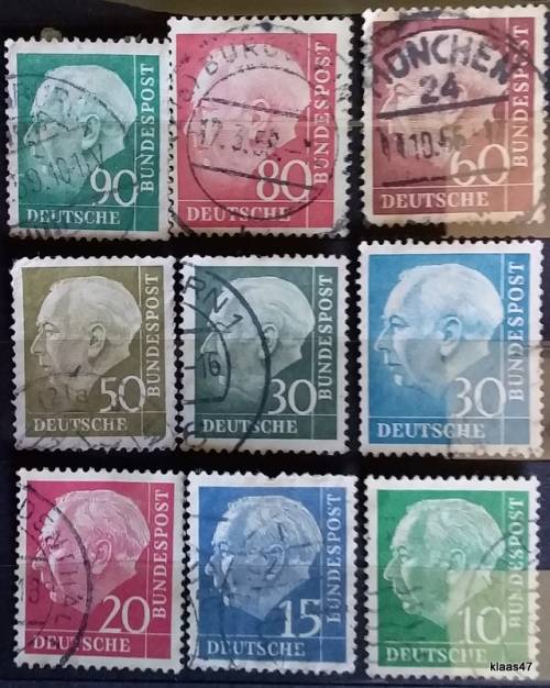 Germany - 1954/9 - President Heuss Definitive - 9 Used Hinged stamps