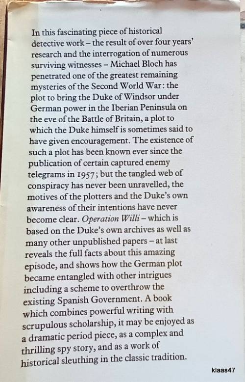Operation Willi - Michael Bloch - Hardcover (The Plot to Kidnap the Duke of Windsor July 1940)