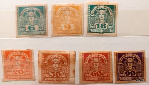 Austria - 1920-1 - Mercury - Newspaper stamps - 7 Unused hinged imperforate stamps