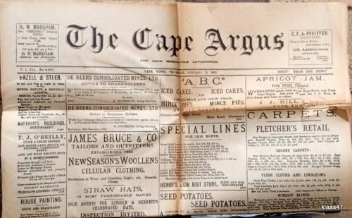 The Cape Argus - Thursday January 2, 1896 - Fair condition.  Some tears along fold lines.