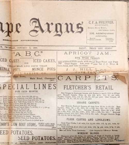 The Cape Argus - Thursday January 2, 1896 - Fair condition.  Some tears along fold lines.