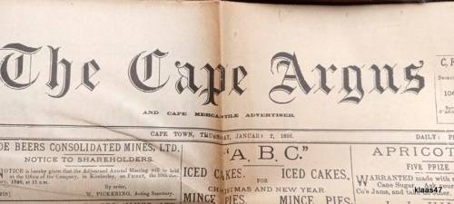 The Cape Argus - Thursday January 2, 1896 - Fair condition.  Some tears along fold lines.