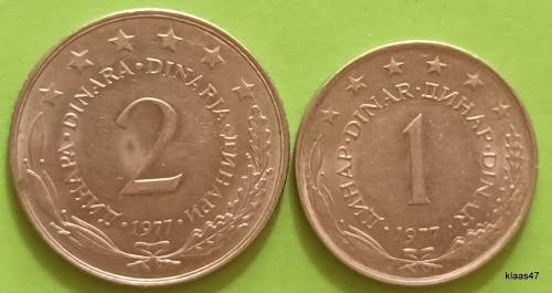 Yugoslavia - 1977 - 1 Dinar and 2 Dinara - Nickel brass