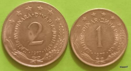 Yugoslavia - 1977 - 1 Dinar and 2 Dinara - Nickel brass