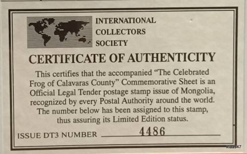 Mongolia - 1987 - Disney (The Celebrated Frog) Commemorative Sheet - Issue No. 4486 with Certificate
