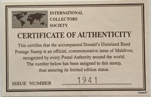 Maldives - 1994 - Disney (Donald`s Dixieland Band) Commem Sheet - Issue No. 1941 with Certificate