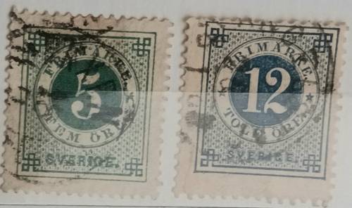 Sweden - 1872-1879 - Numeral definitives - 2 Used Hinged stamps